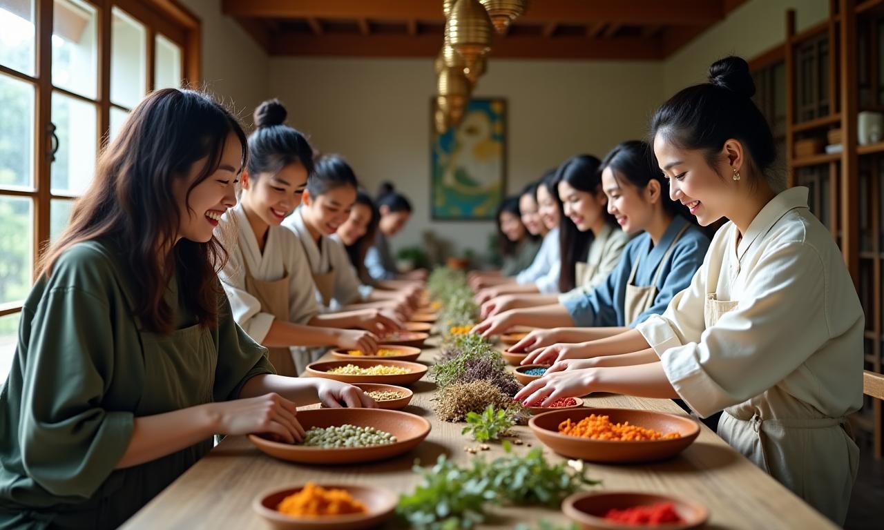 여러 재료와 함께 즐겁게 워크샵에 참여하고 있는 사람들