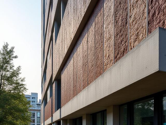 Moderne Architektur mit künstlerischen Keramikelementen an einer Fassade